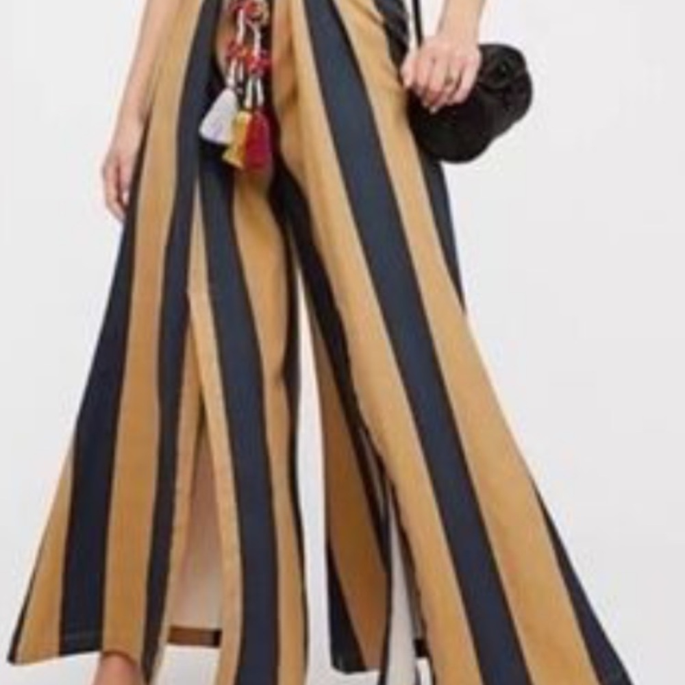 Free People Marjorie Wide-Leg Pants High Waist Tan/Black Striped Women’s size M - Picture 2 of 15